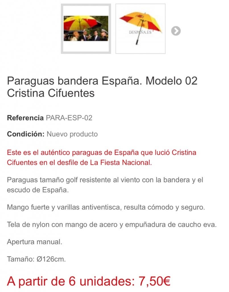 Así se anuncia el paraguas de Cifuentes en la web de la tienda de Arganda.