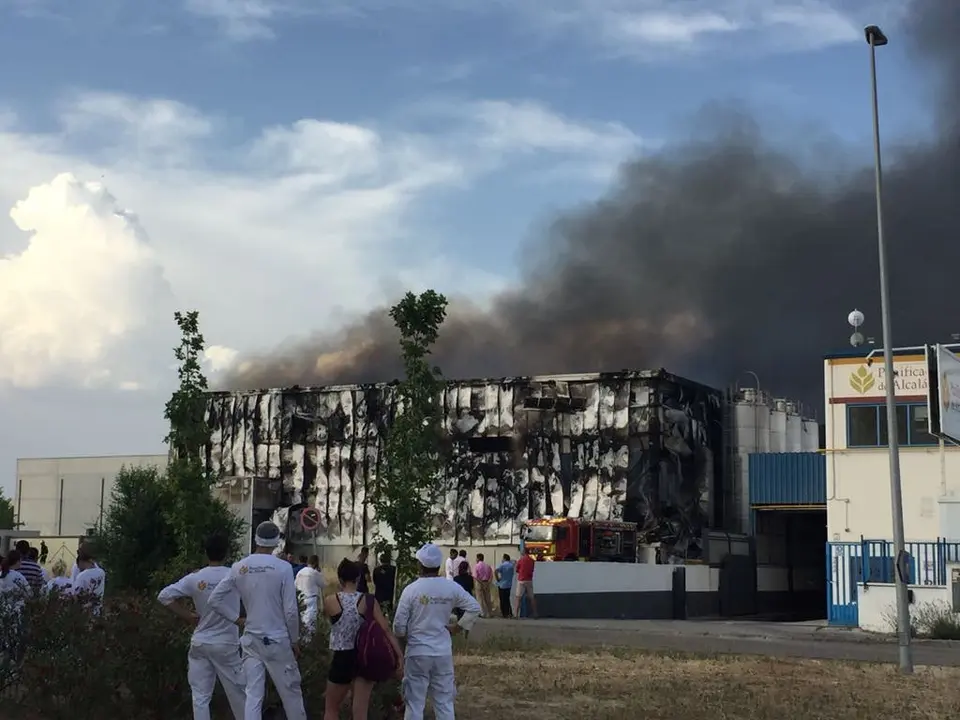 Trabajadores de la Panificadora de Alcal&aacute; observan el fuego (MirCorredor.tv). 