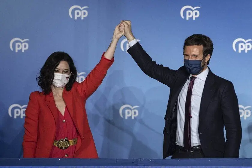 Conservative Madrid regional president Isabel Diaz Ayuso, left, and Popular party leader Pablo Casasdo wave outside the popular party headquarters in Madrid, Spain, Tuesday, May 4, 2021. Madrid residents voted in droves for a new regional assembly in an election that tests the depths of resistance to virus lockdown measures and the divide between left-wing and right-wing parties. Regional President Isabel D&Atilde;&shy;az Ayuso, who called the early election by dissolving her center-right coalition, had set off to broaden her power base and open up to an alliance with the far-right. (AP Photo/Bernat Armangue)