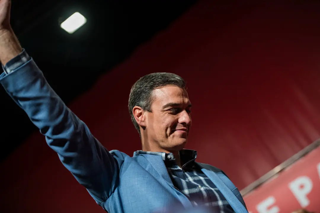 Caceres, Extremadura, Spain - April 02, 2019: The Spanish Prime Minister and PSOE candidate in the next elections Pedro Sanchez in a party conference in Caceres.