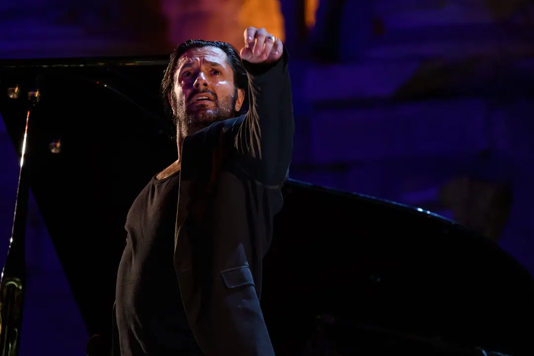 Merida, Spain - July 15, 2019: 65th Edition of the International Festival of classical theatre in Merida. play &ldquo;Dionysus&rdquo; by company of Rafael Amargo. Rafael Amargo dancing solo