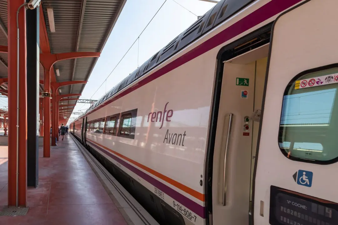 Madrid, Spain - June 2, 2021: Renfe Avant medium distance with the door open, parked on one of the platforms of the Chamartin train station