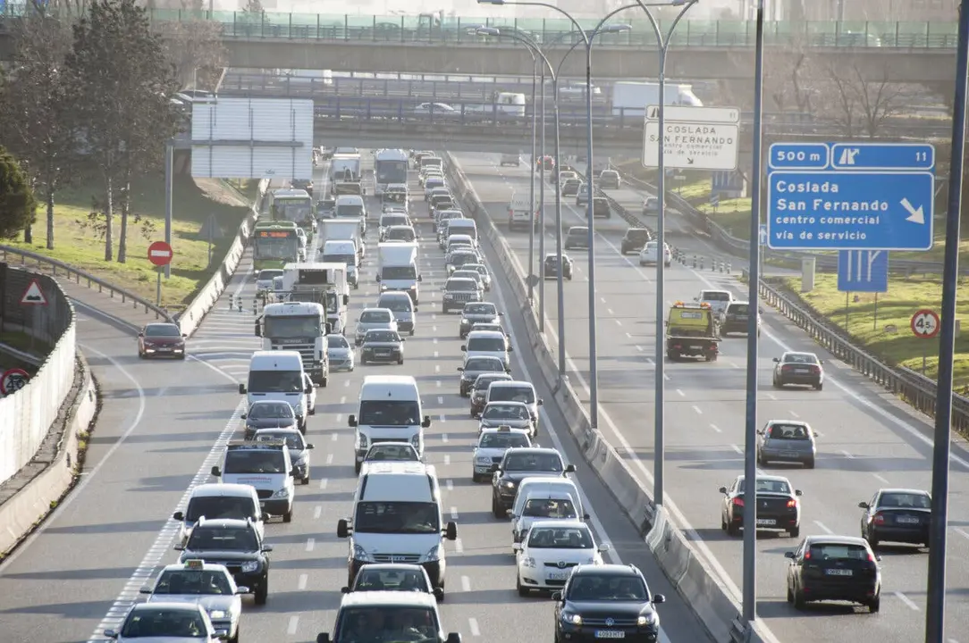 MADRID, SPAIN FEB 5, 2014: Traffic jam during rush hour on A2 highway (Madrid-Barcelona) on February 5, 2014 in Madrid, Spain.