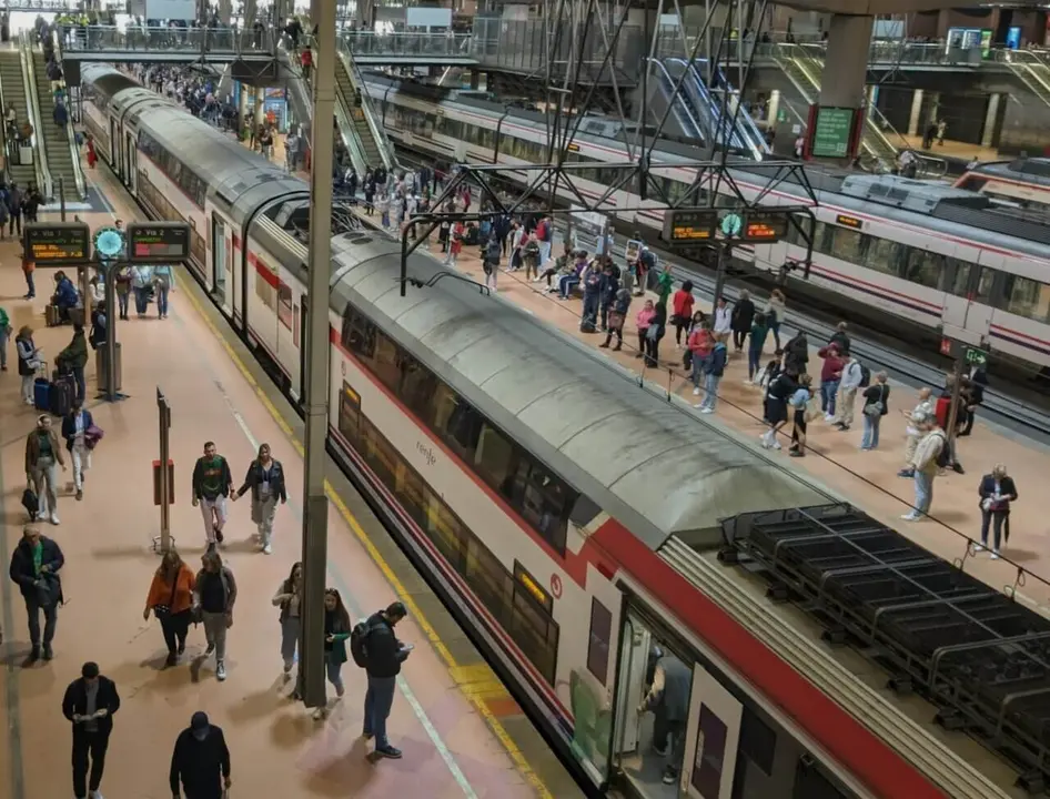 Madrid, Spain 21st May 2024 - Atocha train station - hub - looking down on Cercanias platforms - trains and passengers