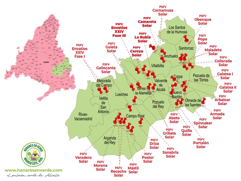 Este mapa muestra la ubicaci&oacute;n de las macroplantas fotovoltaicas proyectadas en la Alcarria Madrile&ntilde;a.