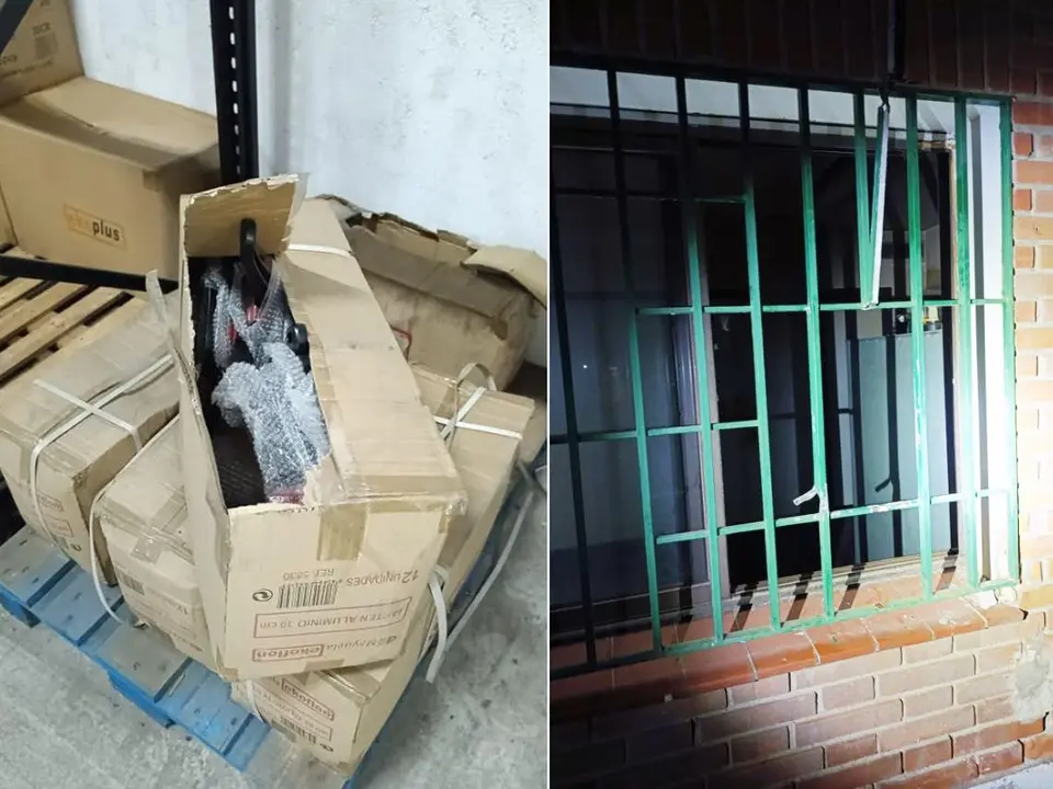 La Polic&iacute;a de Torrej&oacute;n detiene a varios implicados en robos. Se observan cajas abiertas en una nave.