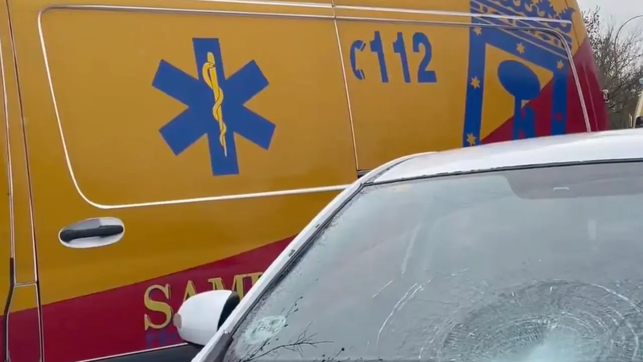 Luna del veh&iacute;culo implicado en el atropello de una joven en el distrito de San Blas-Canillejas. EMERGENCIAS MADRID