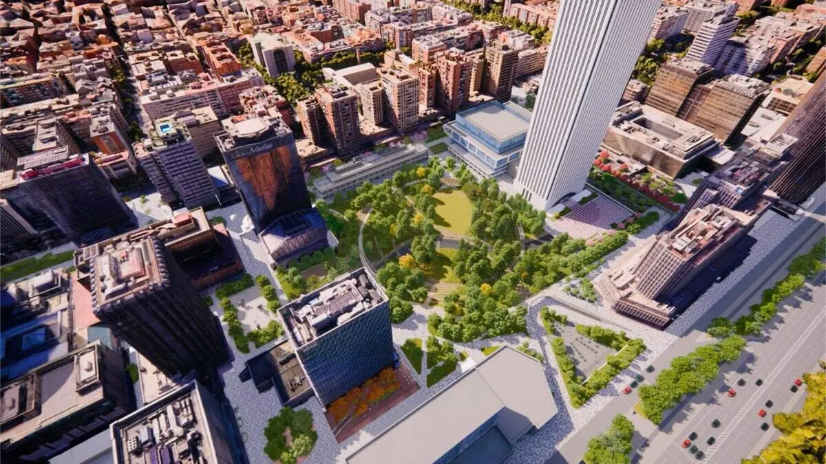 Recreaci&oacute;n del futuro parque central de AZCA tras su remodelaci&oacute;n. AYUNTAMIENTO DE MADRID