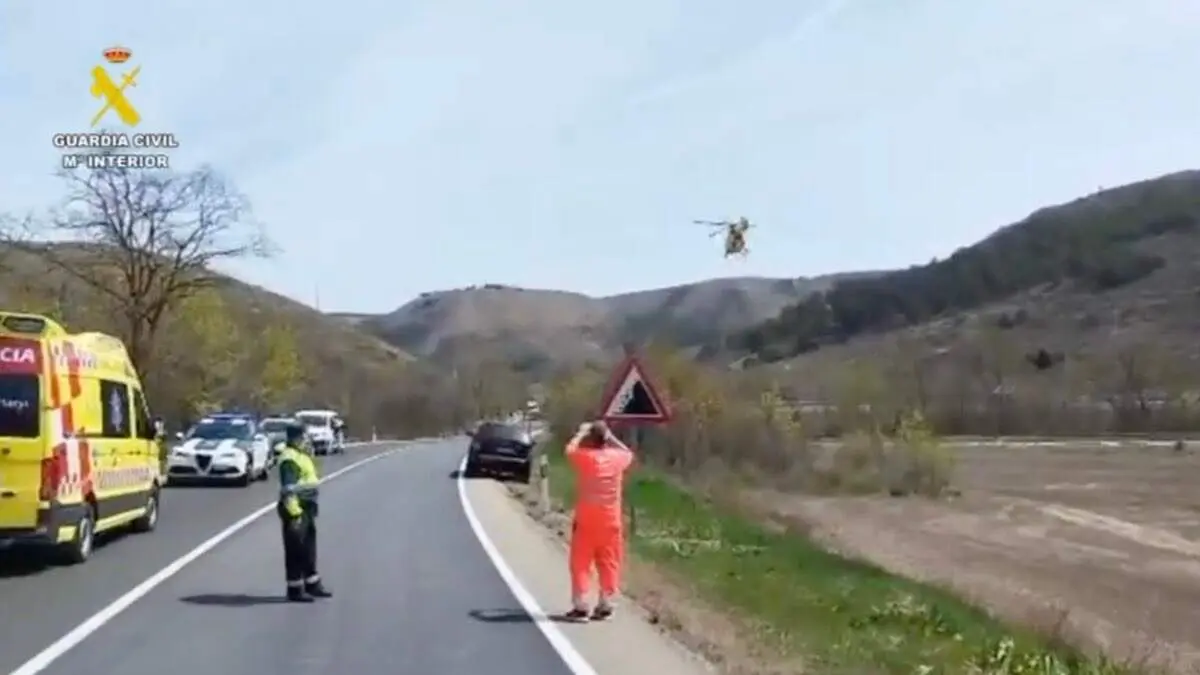 Agentes de la Guardia Civil durante la intervenci&oacute;n en la N-2 a la altura de Medinaceli. GUARDIA CIVIL DE GUADALAJARA