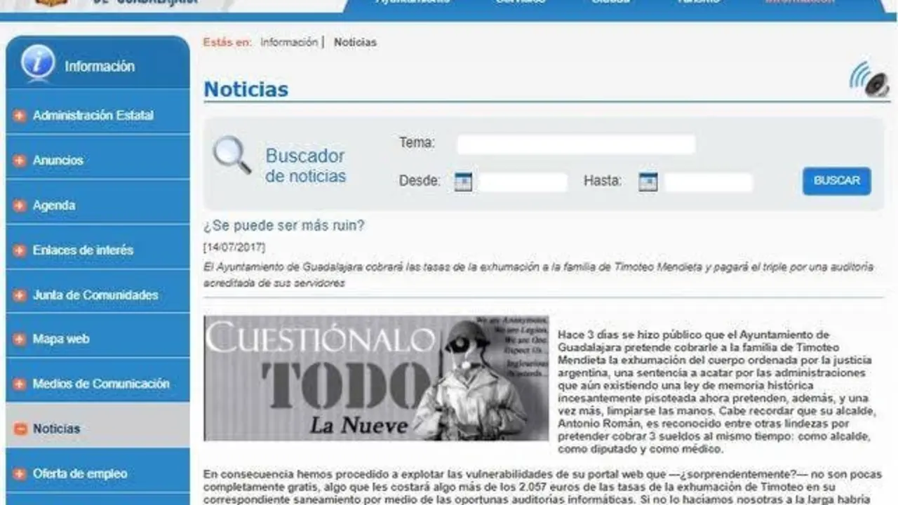 Mensaje publicado en la web. 