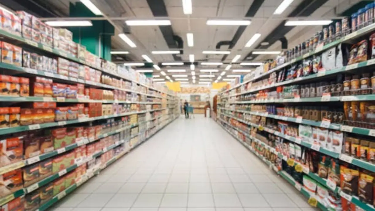 Abstract blurred supermarket aisle with colorful shelves and unrecognizable customers as background