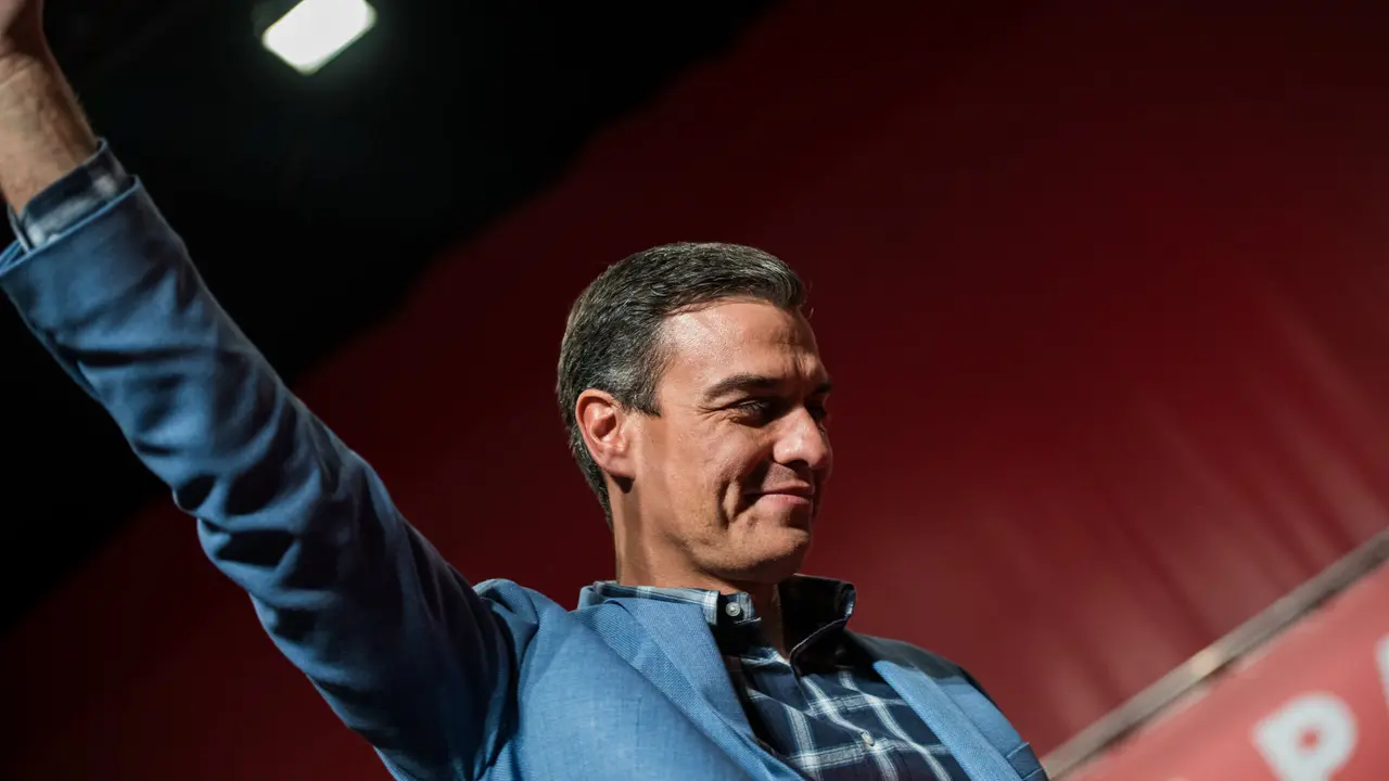 Caceres, Extremadura, Spain - April 02, 2019: The Spanish Prime Minister and PSOE candidate in the next elections Pedro Sanchez in a party conference in Caceres.