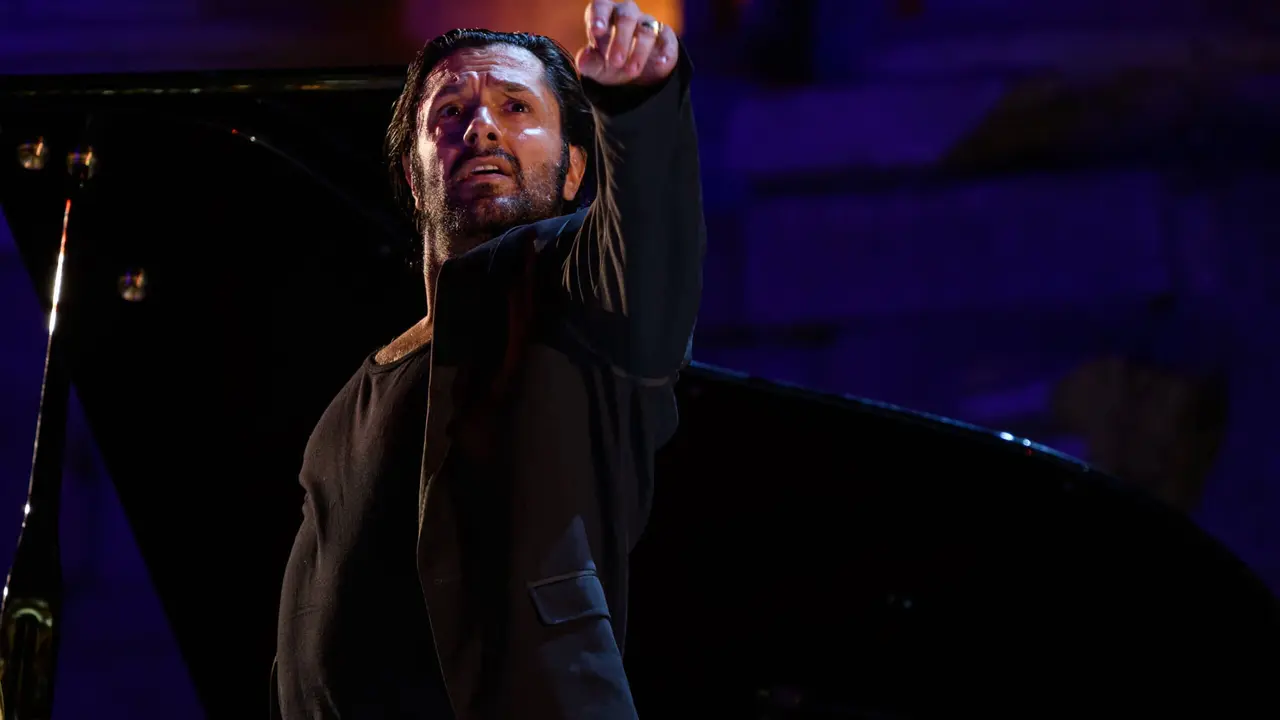 Merida, Spain - July 15, 2019: 65th Edition of the International Festival of classical theatre in Merida. play &ldquo;Dionysus&rdquo; by company of Rafael Amargo. Rafael Amargo dancing solo