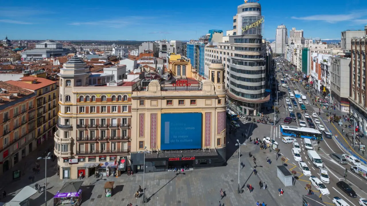 Elevated view from tall building looking down on Plaza del Callao and Gran Via, Madrid, Spain, Europe 1-9-19