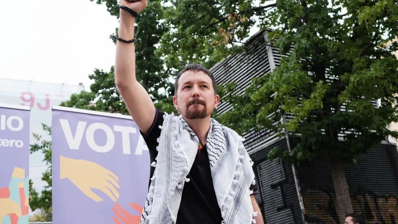 Pablo Iglesias during the end of the electoral campaign for the 9J European elections of Podemos, in Plaza Zerolo, on June 7 2024 in Madrid Spain