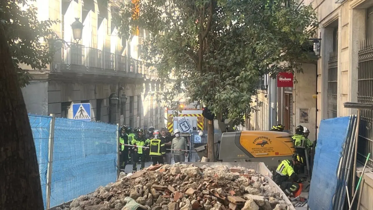 Bomberos y gu&iacute;as caninos rastrean los escombros en Madrid tras un derrumbe.