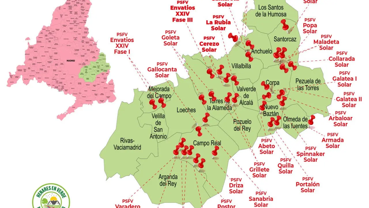 Este mapa muestra la ubicaci&oacute;n de las macroplantas fotovoltaicas proyectadas en la Alcarria Madrile&ntilde;a.