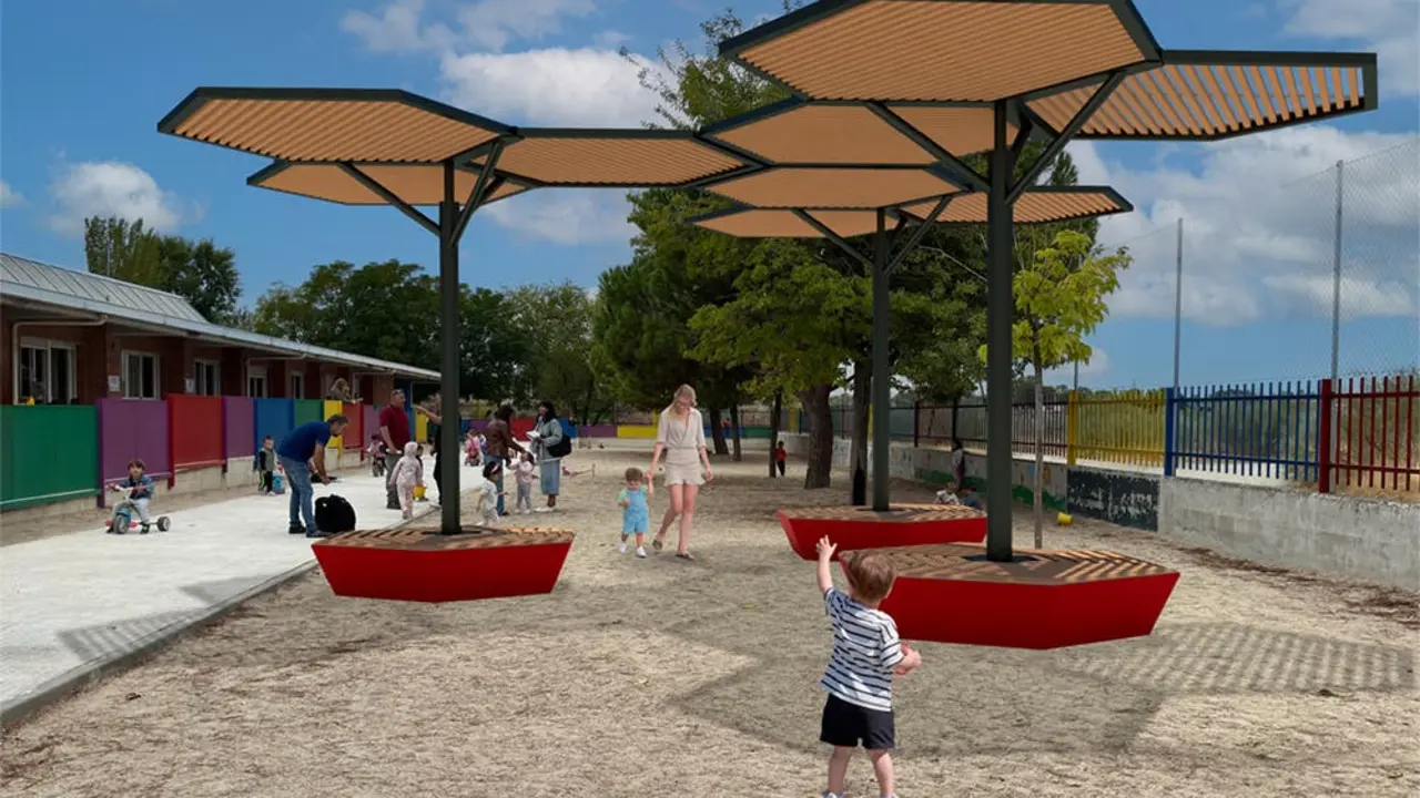 El Ayuntamiento de Rivas inicia la instalaci&oacute;n de p&eacute;rgolas para mejorar el confort t&eacute;rmico en colegios.