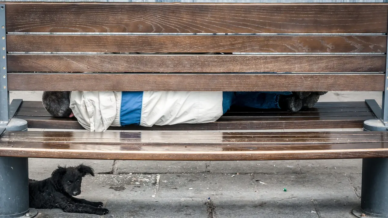 Poor homeless man with his dog sleeping on the urban street in the city on the wooden bench