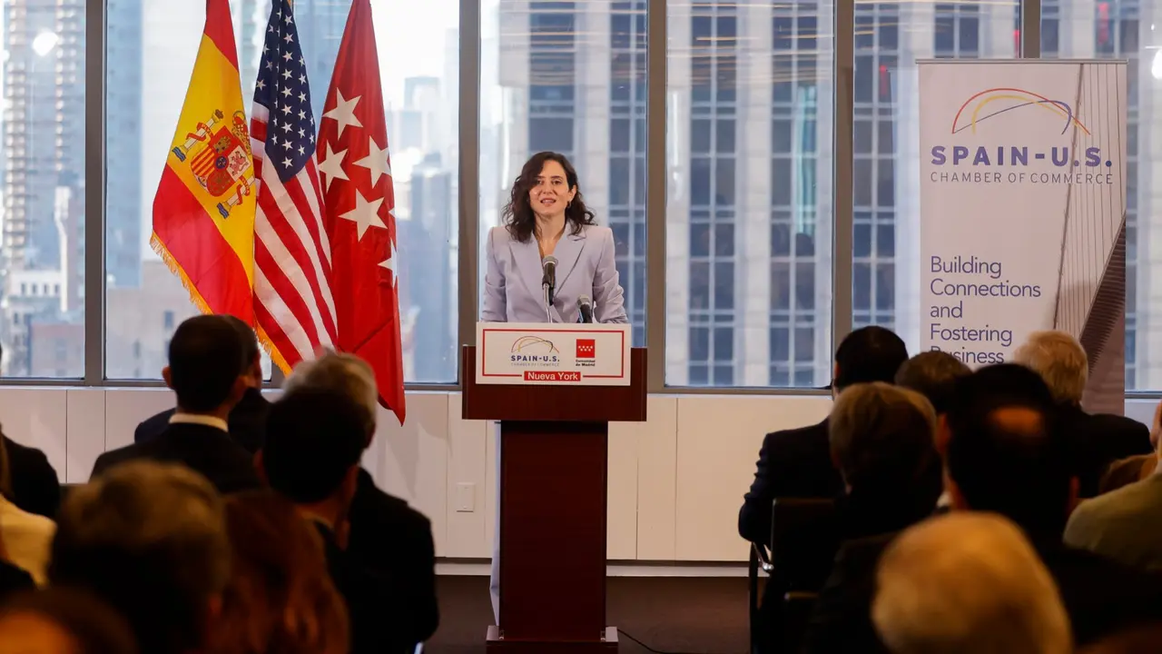 Isabel D&iacute;az Ayuso interviene en un encuentro empresarial organizado por la C&aacute;mara de Comercio Espa&ntilde;a-EEUU en Nueva York. COMUNIDAD DE MADRID