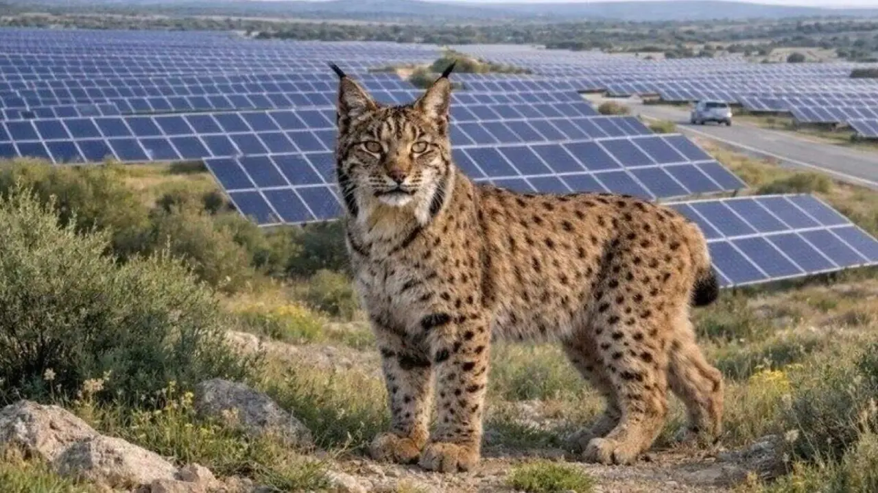 Montaje de un lince ib&eacute;rico junto a plantas fotovoltaicas. HENARES EN VERDE