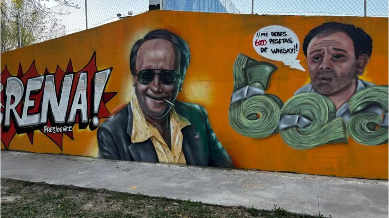 Mural inspirado en la saga &lsquo;Torrente&rsquo; en el front&oacute;n de la calle Miguel Hern&aacute;ndez. AYUNTAMIENTO DE MEJORADA DEL CAMPO