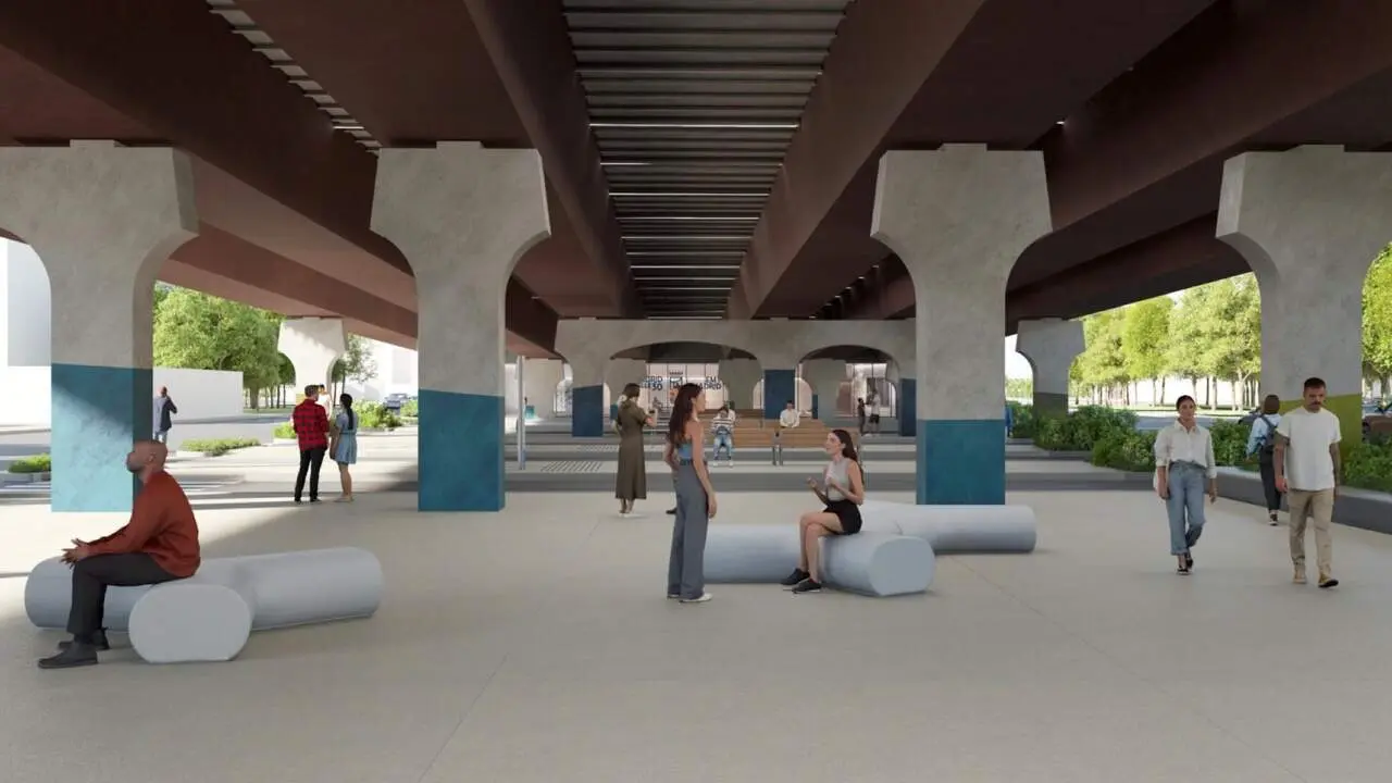 Recreaci&oacute;n del futuro espacio peatonal previsto bajo el Puente de Vallecas. AYUNTAMIENTO DE MADRID