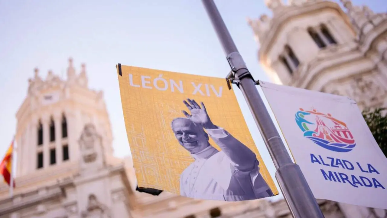 Imagen de la campa&ntilde;a de Madrid con motivo de la visita del Papa Le&oacute;n XIV. AYUNTAMIENTO DE MADRID