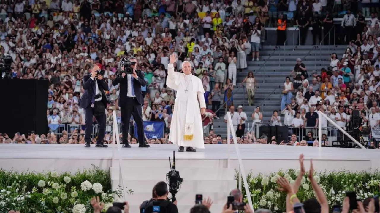 El Papa Le&oacute;n XIV durante el acto celebrado en el estadio Santiago Bernab&eacute;u. AYUNTAMIENTO DE MADRID.