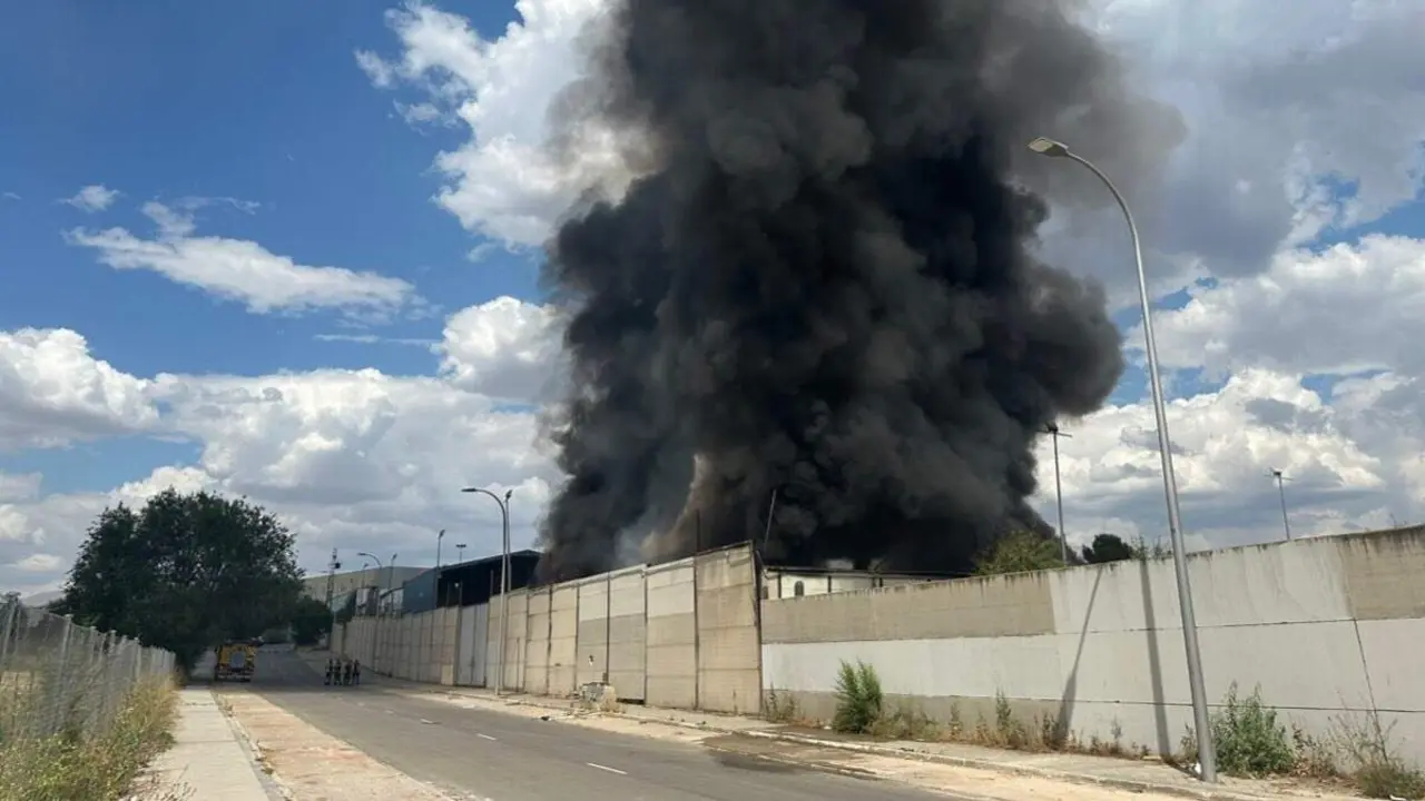 Columna de humo provocada por el incendio declarado en una parcela de chatarra y escombros de Vic&aacute;lvaro. EMERGENCIAS MADRID