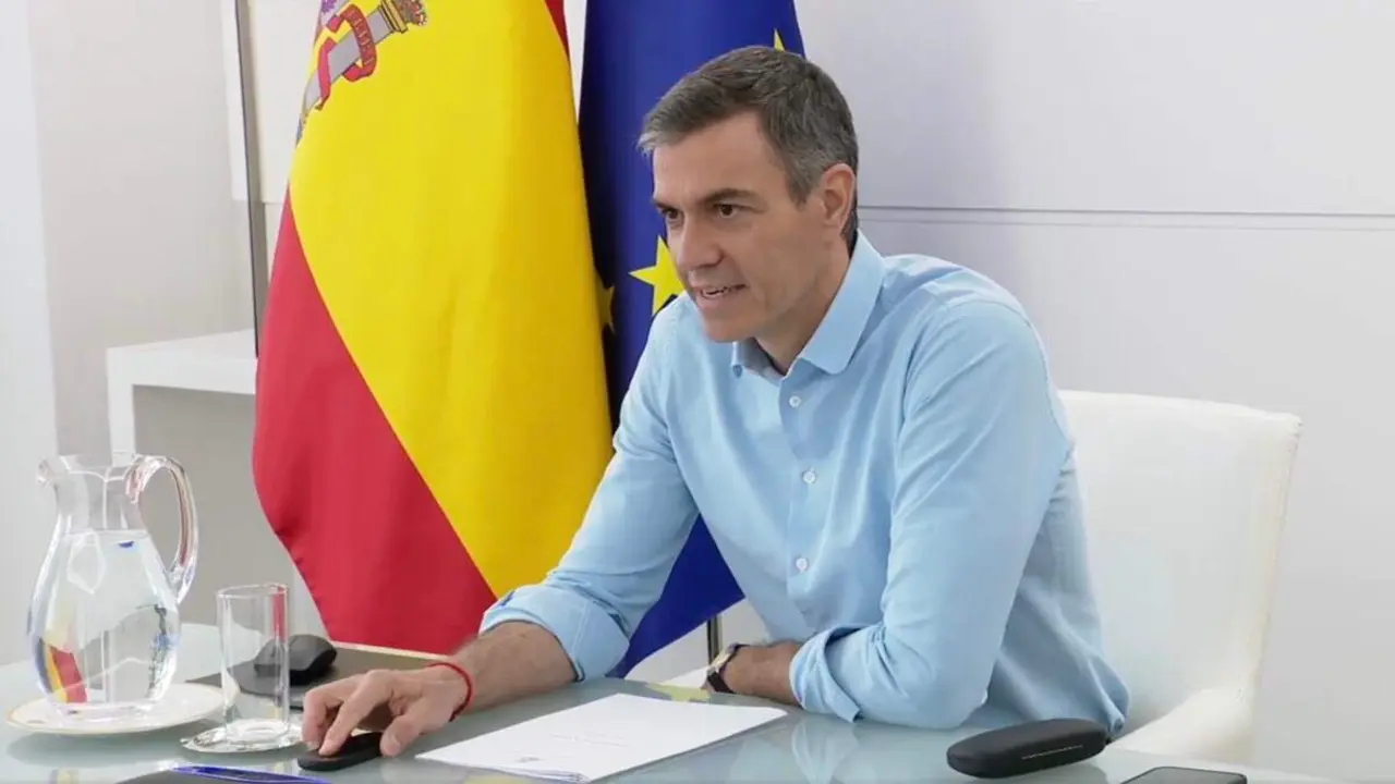Pedro S&aacute;nchez durante la reuni&oacute;n telem&aacute;tica del Comit&eacute; Estatal de Coordinaci&oacute;n (CECOD). MONCLOA