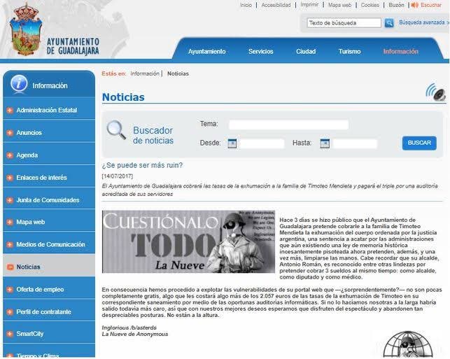 Mensaje publicado en la web.