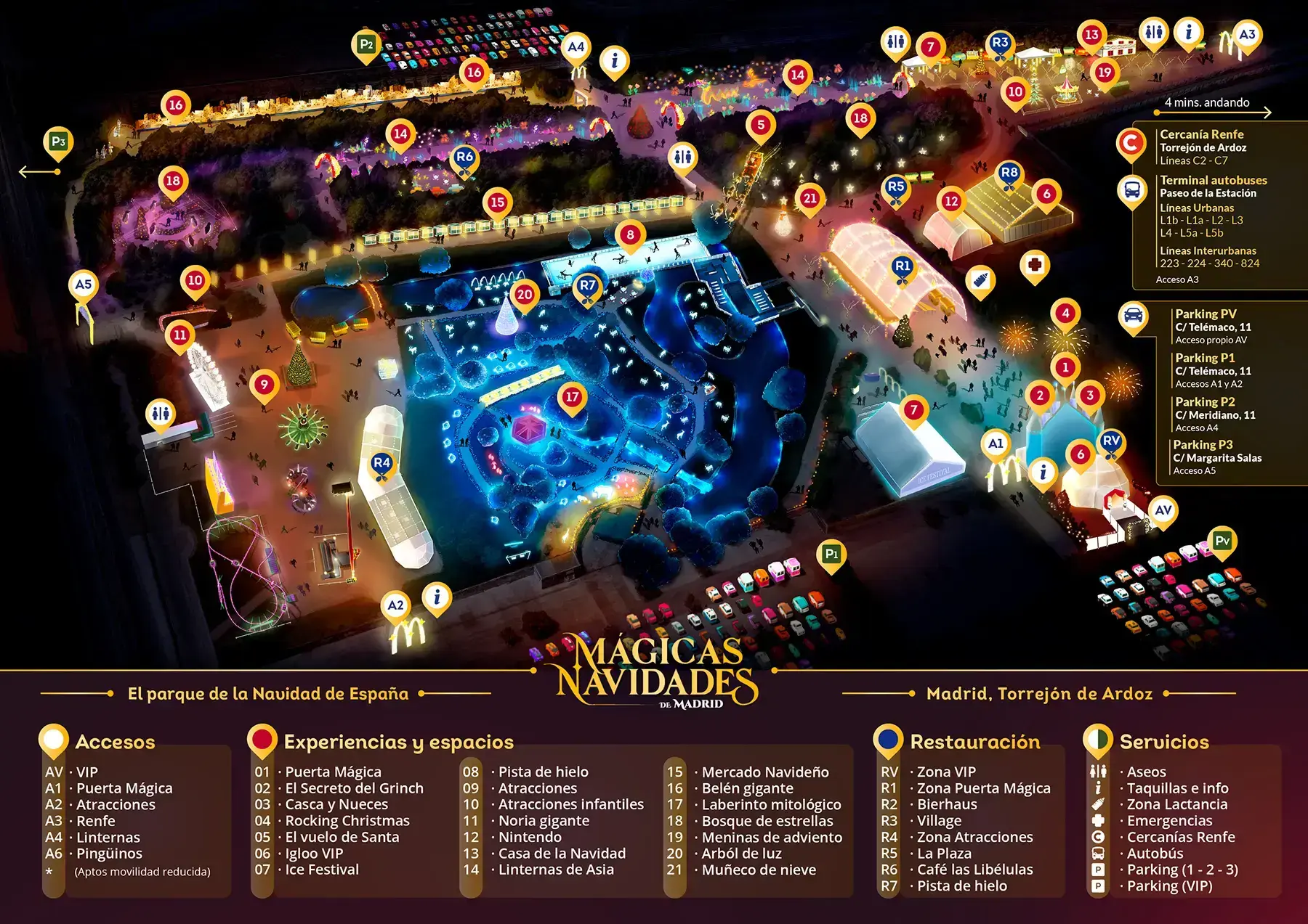 Mapa del parque Mágicas Navidades en Torrejón de Ardoz con atracciones y espacios.