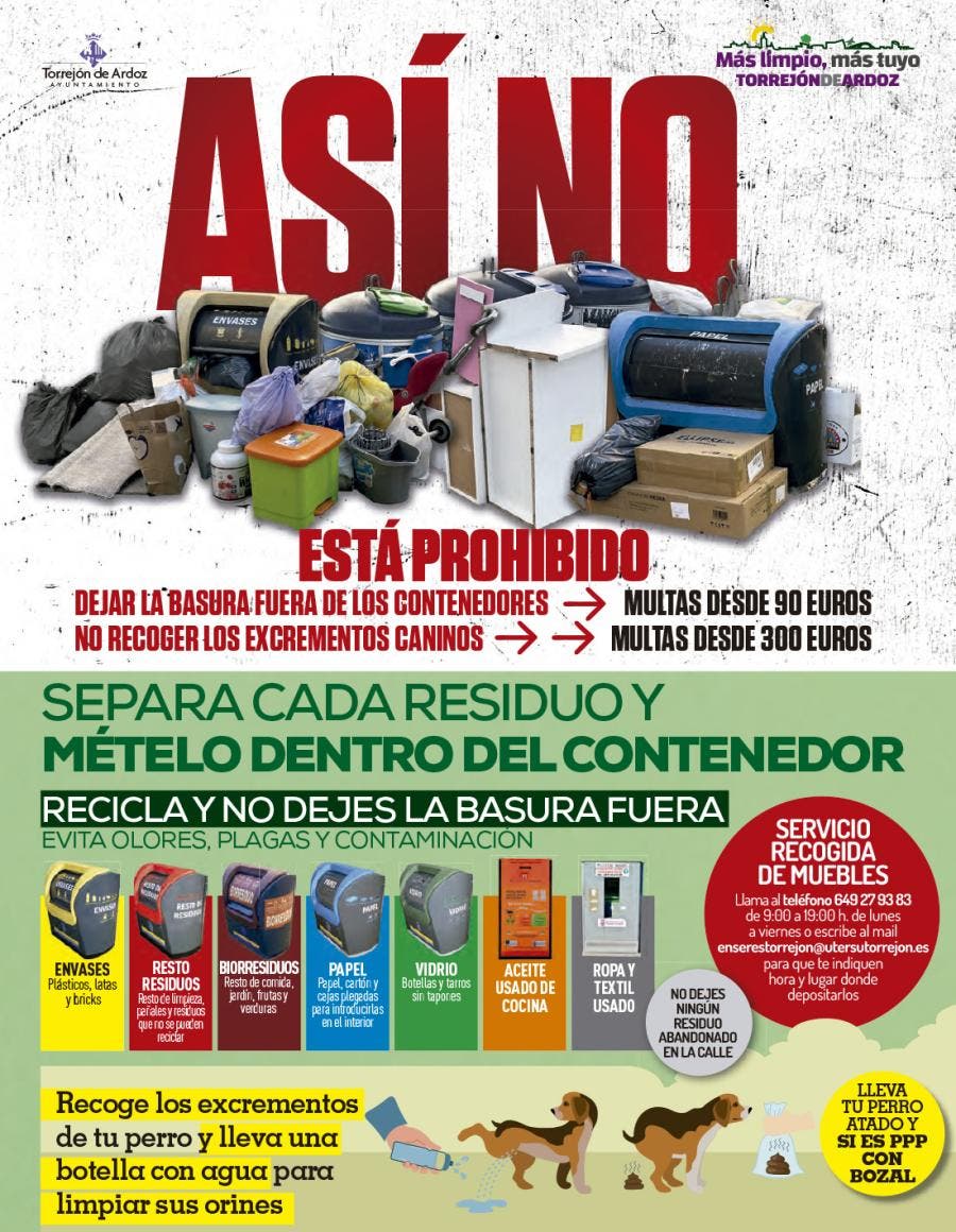 Cartel informativo sobre sanciones por dejar basura fuera de contenedores en Torrejón.