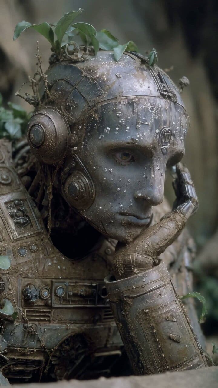 Escultura robótica cubierta de vegetación en exposición digital.