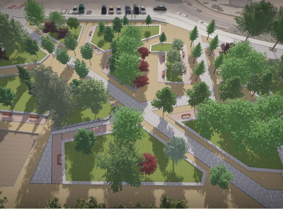 Vista aérea del Parque Iplacea en Alcalá de Henares con áreas verdes y caminos.