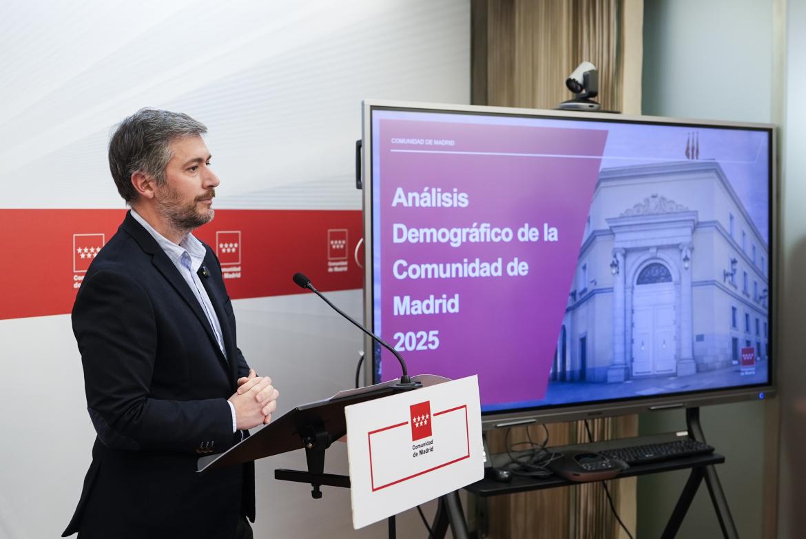 El consejero de Presidencia, Justicia y Administración Local, Miguel Ángel García Martín, durante la presentación del análisis demográfico de la Comunidad de Madrid 2025. COMUNIDAD DE MADRID