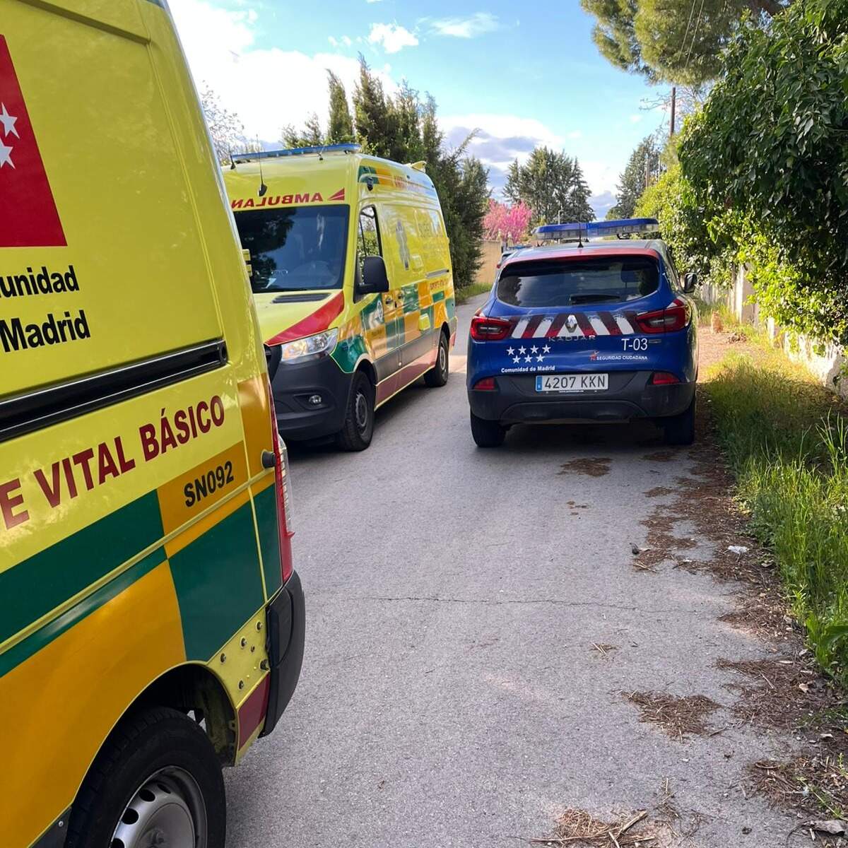Vehículos policiales y sanitarios durante la intervención por la reyerta en Nuevo Baztán. POLICÍA LOCAL