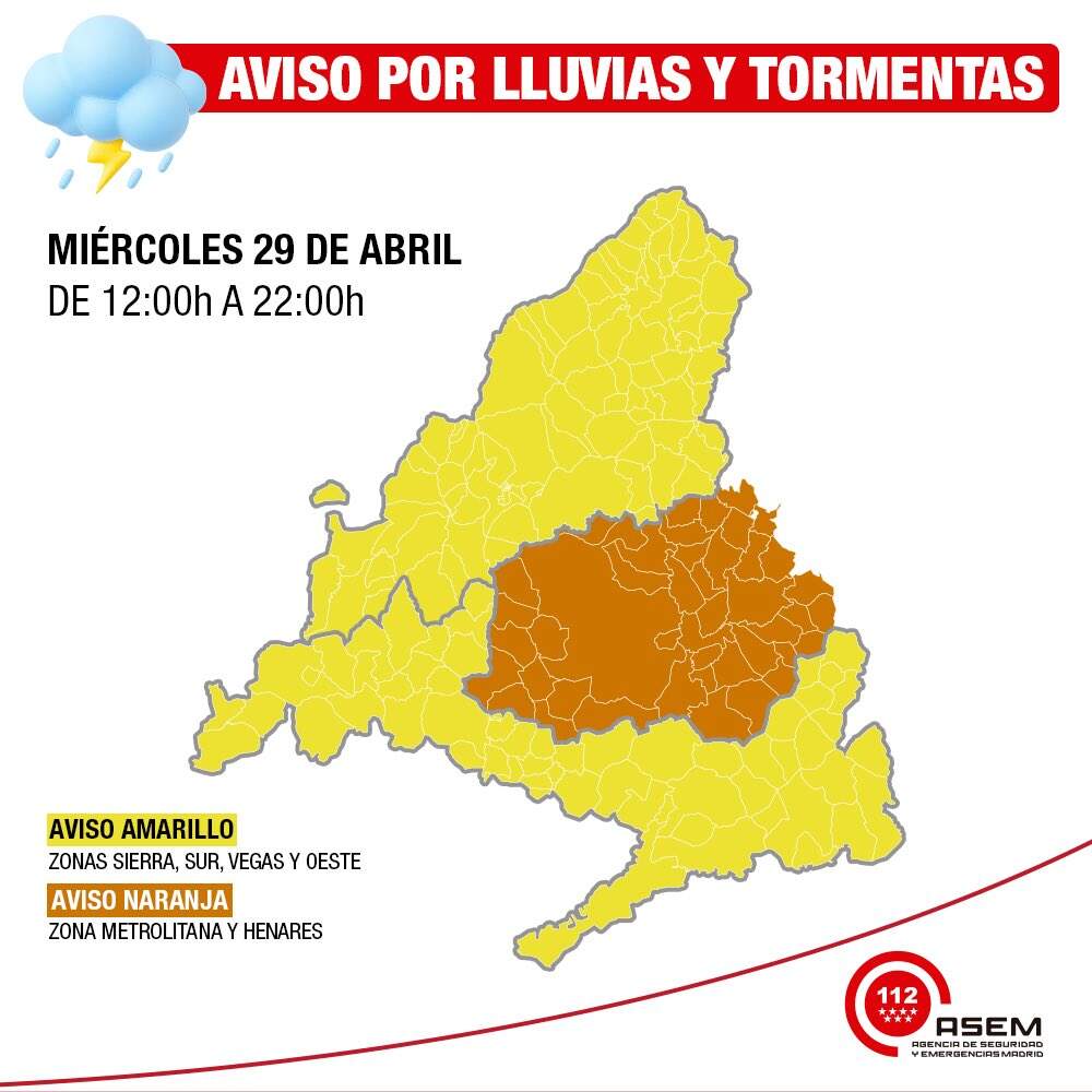 Mapa de avisos por lluvias y tormentas en la Comunidad de Madrid. 112