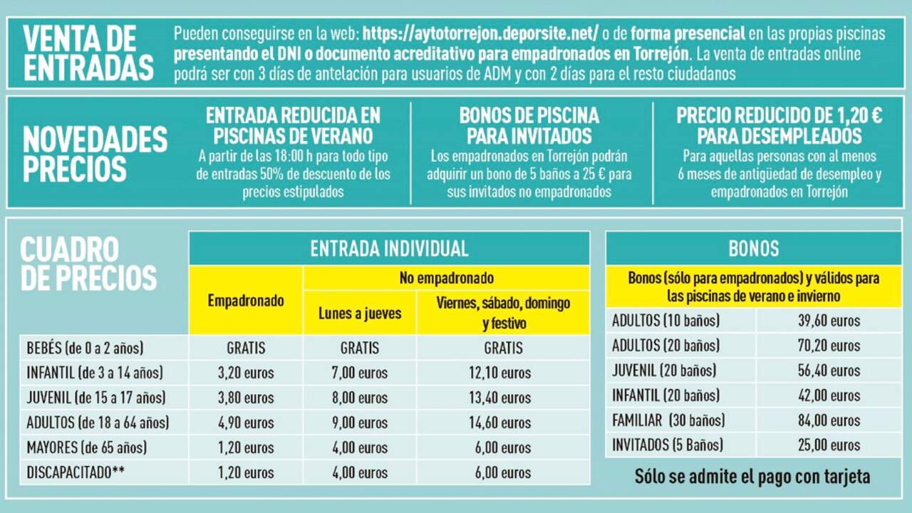 Precios de las piscinas de Torrejón. AYTO. DE TORREJÓN