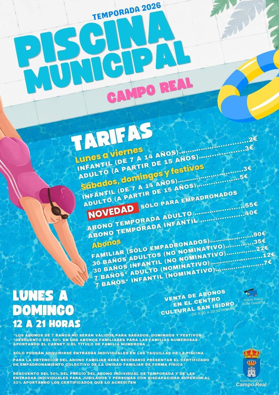 Cartel informativo de la piscina municipal. AYTO. DE CAMPO REAL