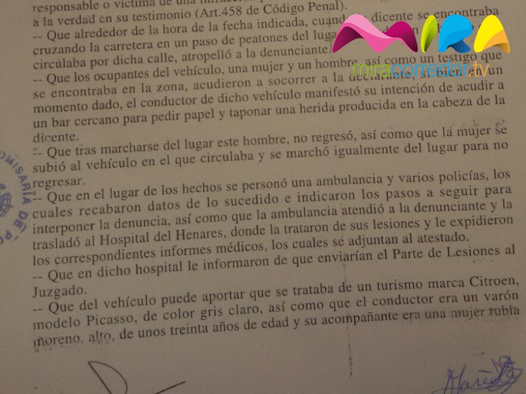 Atropellada en Coslada. Denuncia que el conductor fue a pedir papel y se dio a la fuga