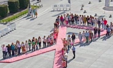 Un gran lazo rosa de flores naturales en la Plaza Mayor de Torrejón
