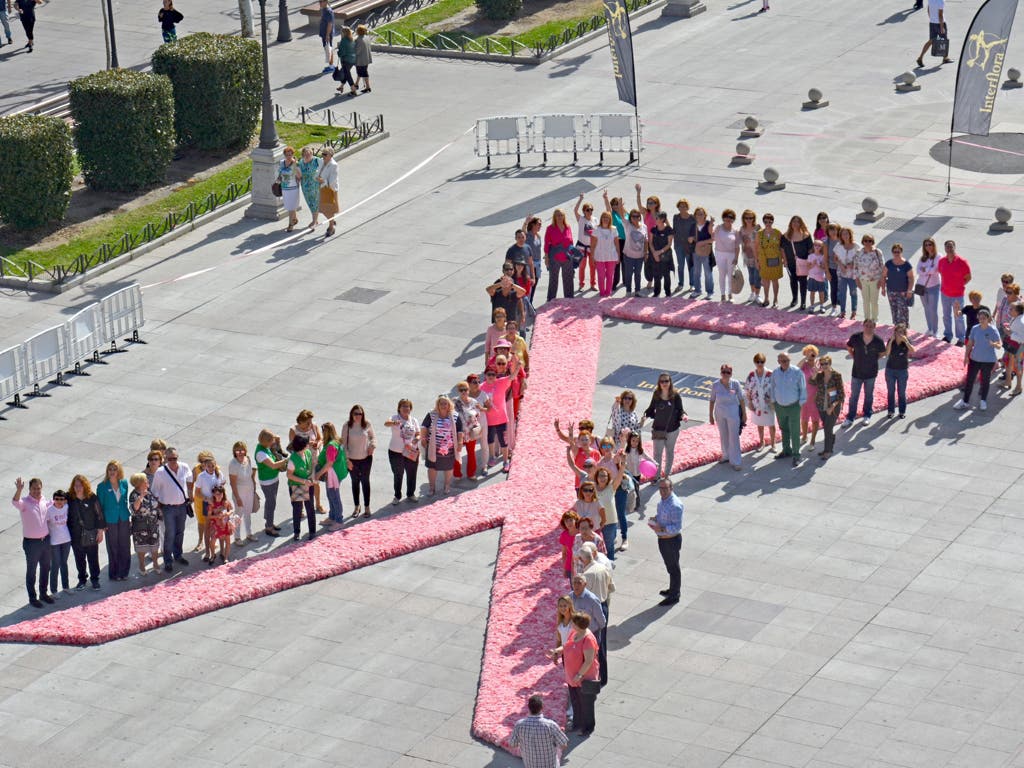 Un gran lazo rosa de flores naturales en la Plaza Mayor de Torrejón