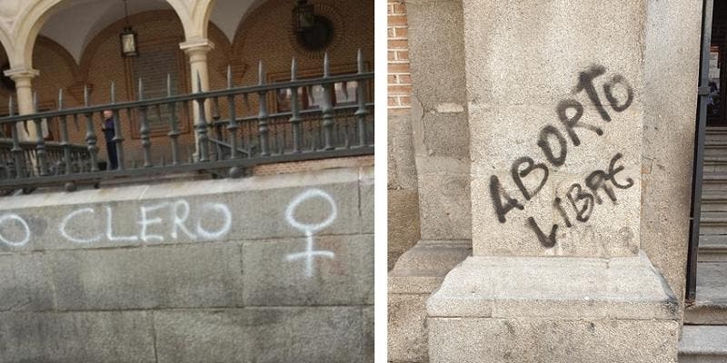 Pintadas contra la Iglesia y a favor del aborto en templos de Madrid