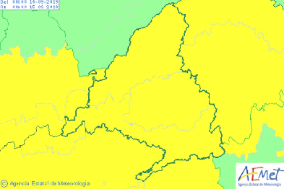Aviso amarillo por fuertes lluvias el sábado en Madrid y Guadalajara 