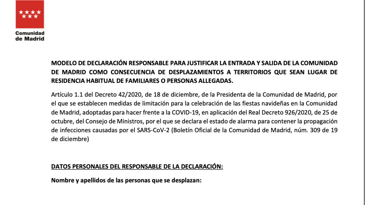 El documento que debes rellenar para salir o entrar de la Comunidad de Madrid