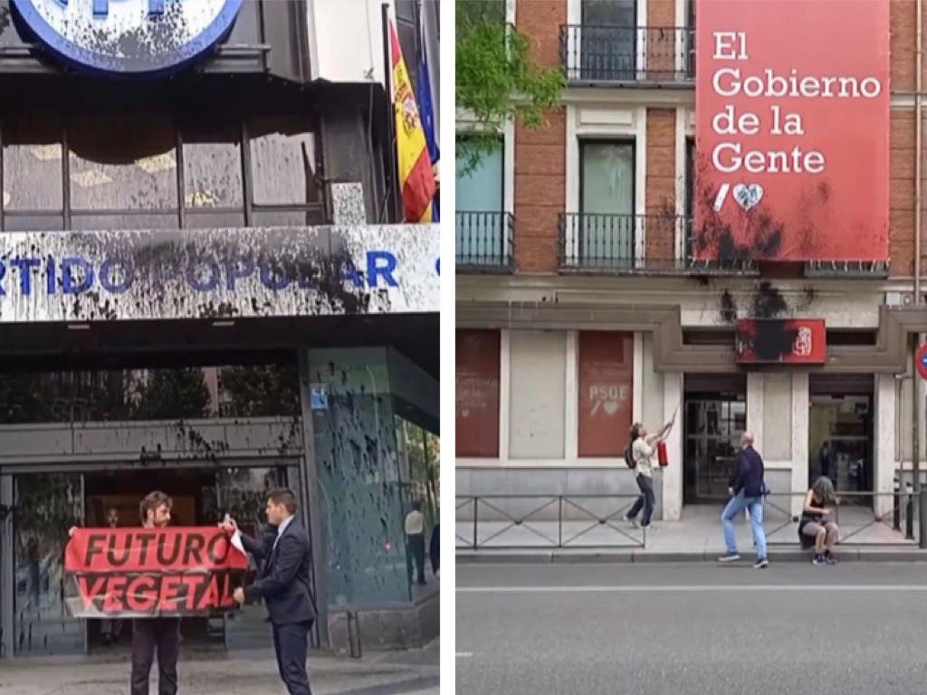 Detenidos 5 activistas tras rociar pintura negra en las sedes de PSOE y PP