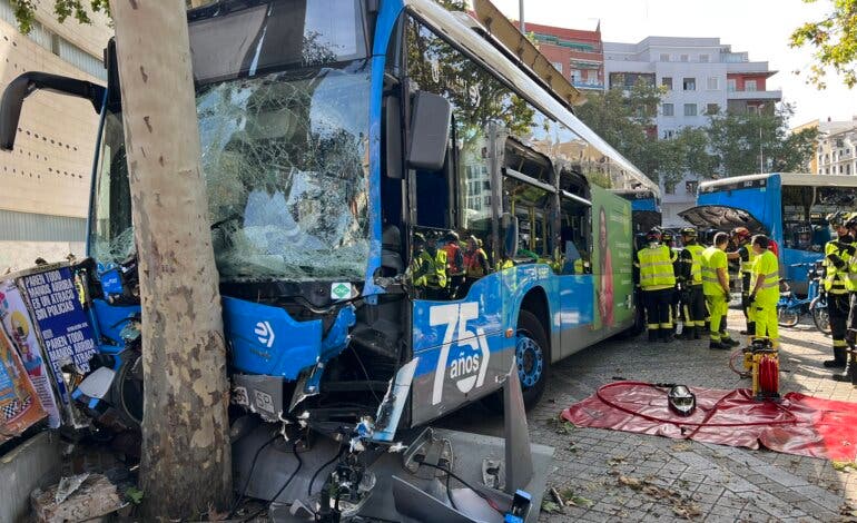 Seis heridos al sufrir una indisposición médica un conductor de autobús y chocar contra un árbol en Embajadores