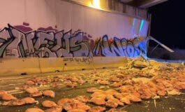 Vuelca un camión con 30 toneladas de jamones en el enlace de la R-4 con la M-50